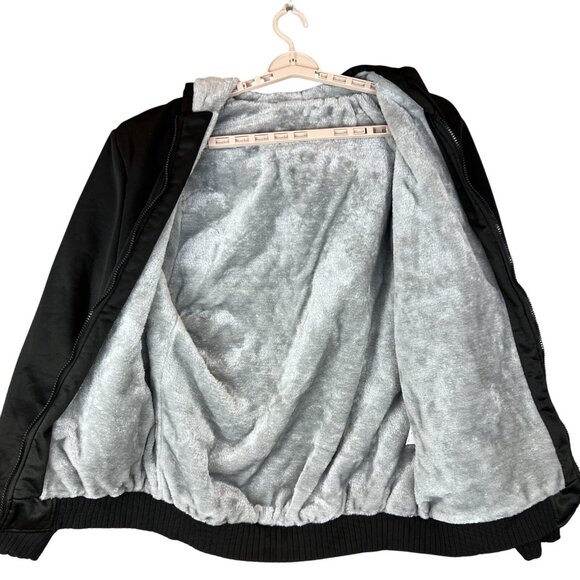 Mens L Hooded Bomber Jacket Black Lined Full Zip Winter Ribbed Hem Warm Pockets - Picture 7 of 7